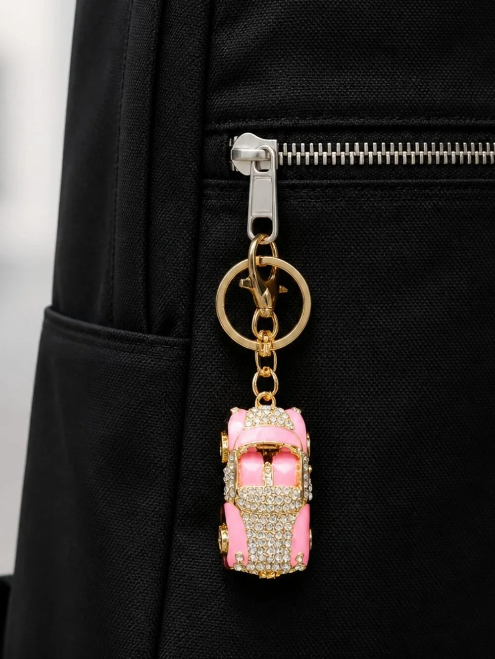 Pink Rhinestone Convertible Car Keychain Gold Bling Purse Bag Charm Car Girl